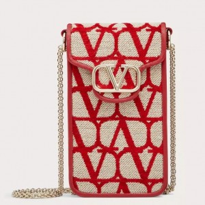 Valentino Loco Phone Case in Red Toile Iconographe with Chain