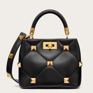 Valentino Roman Stud Mini Handle Bag In Black Nappa Leather