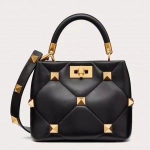 Valentino Roman Stud Small Handle Bag In Black Nappa Leather
