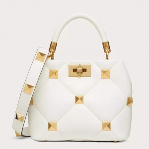Valentino Roman Stud Small Handle Bag In White Nappa Leather