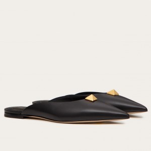 Valentino Garavani Roman Stud Flat Mules In Black Calfskin