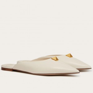 Valentino Garavani Roman Stud Flat Mules In White Calfskin