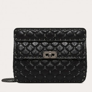 Valentino Rockstud Spike Medium Bag in Black Crinkled Nappa Leather