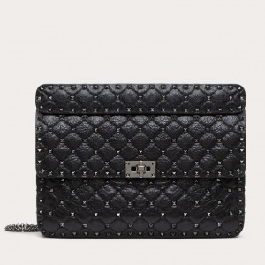 Valentino Rockstud Spike Large Bag in Black Crinkled Nappa Leather