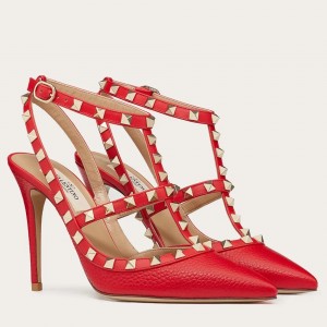 Valentino Rockstud Ankle Strap Pumps 100mm In Red Calfskin