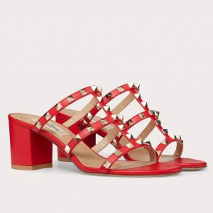 Valentino Rockstud Slide Sandals 60mm In Red Calfskin