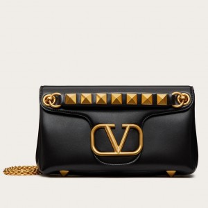Valentino Stud Sign Shoulder Bag In Black Nappa Leather