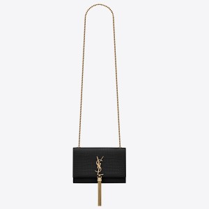 Saint Laurent Kate Tassel Small Bag In Black Crocodile-embossed Leather