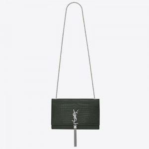 Saint Laurent Kate Tassel Medium Bag In Green Crocodile-embossed Leather