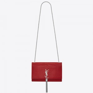 Saint Laurent Kate Tassel Medium Bag In Red Crocodile-embossed Leather