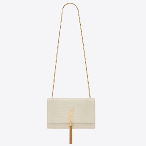 Saint Laurent Kate Tassel Medium Bag In White Crocodile-embossed Leather
