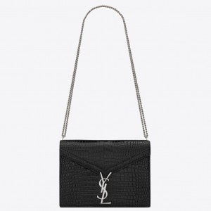 Saint Laurent Cassandra Medium Bag In Black Crocodile Embossed Leather