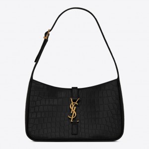 Saint Laurent Le 5 À 7 Hobo Bag in Black Crocodile Embossed Leather 