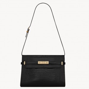 Saint Laurent Manhattan Shoulder Bag in Black Crocodile Embossed Calfskin