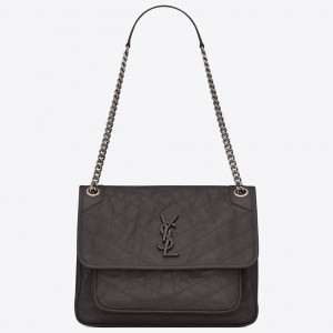 Saint Laurent Niki Medium Chain Bag In Dark Grey Crinkled Leather