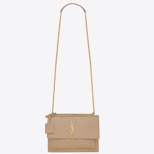 Saint Laurent Sunset Medium Chain Bag In Beige Crocodile-embossed Leather 