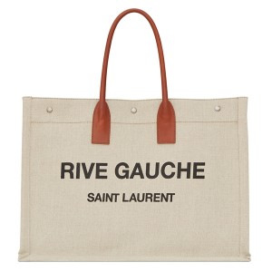 Saint Laurent Rive Gauche Tote Bag in White Linen and Brown Leather 