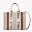 Chloe Small Woody Tote Bag in Canvas with Camel Leather Strips 