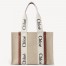 Chloe Woody Medium Tote Bag in Linen Canvas with Brown Leather