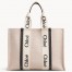 Chloe Large Woody Tote Bag in Canvas with Blue Leather Strips